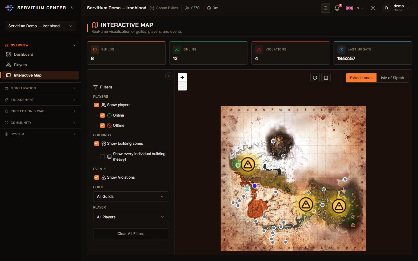 Live map of a Conan Exiles server in the Servitium Center